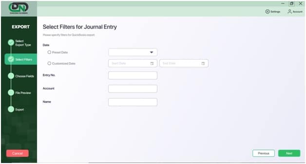 Select filters for journal entry