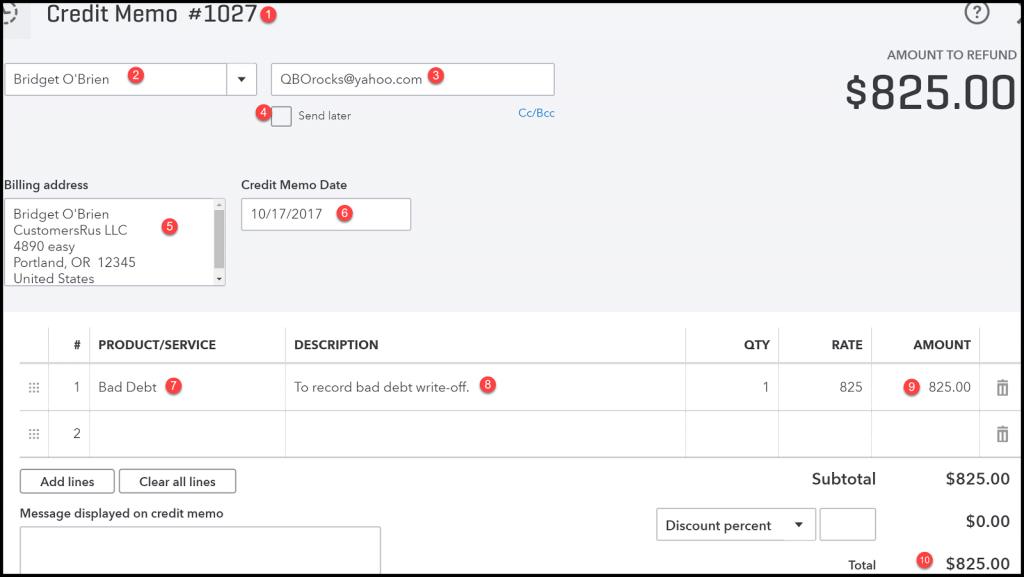 Credit Memo for the Bad Debt