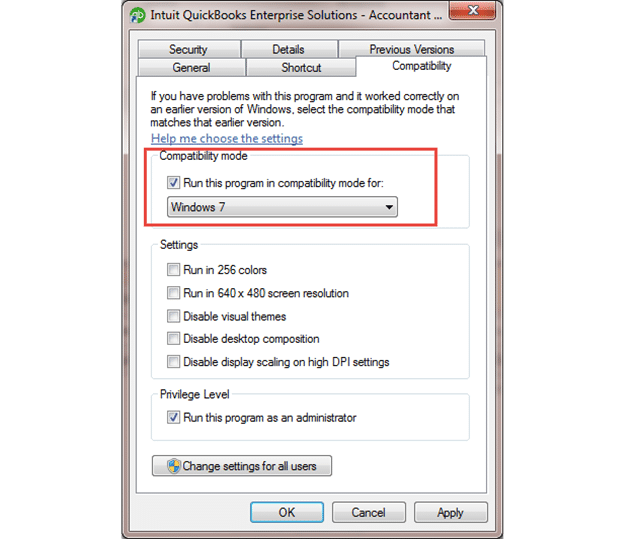 Run QuickBooks in Compatibility Mode