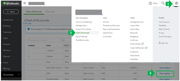 Click on Chart of Accounts