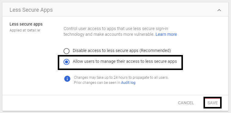 Less Secure Application Access in the Google Chrome