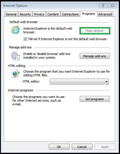 Set Internet Explorer as your Default Internet Browser