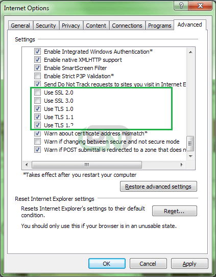 Existing Configuration of SSL from the Internet Explorer