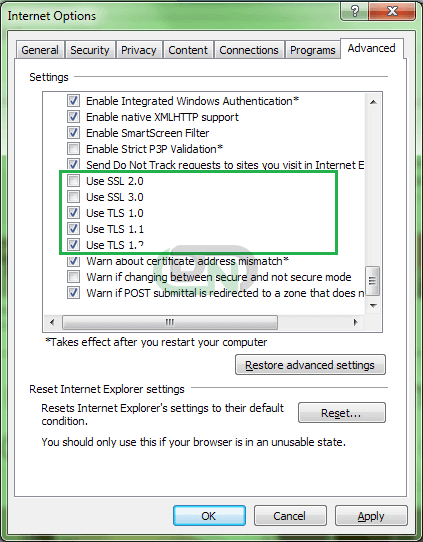 Existing Configuration of SSL from the Internet Explorer DN Screenshots