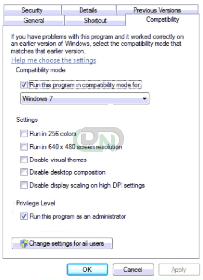 View the Compatibility Tab and verify for the run this program in compatibility mode