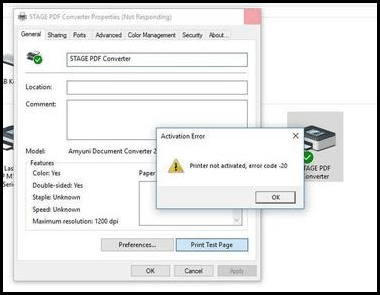 printer not activated error code 20