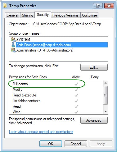 TEMP Folder Full Control Access