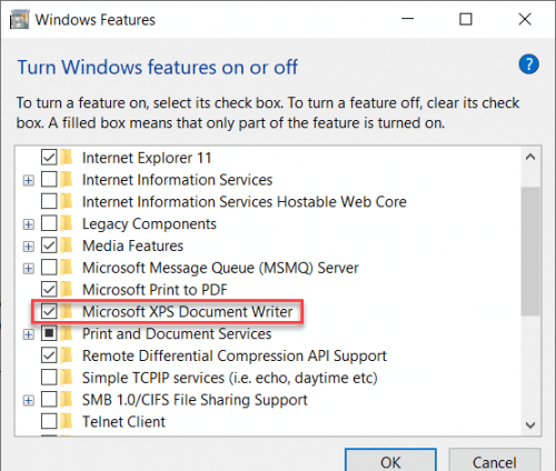 Windows Turn Windows features on or off Microsoft XPS Document Writer
