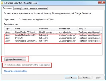 Advanced Security Settings for Temp