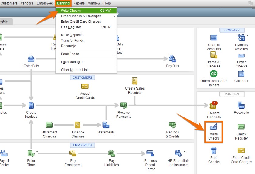 Navigate to the Write Checks menu in QuickBooks desktop