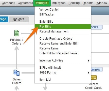Select Pay Bills from the Vendors menu