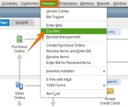Select Pay Bills from the Vendors menu in QuickBooks Desktop