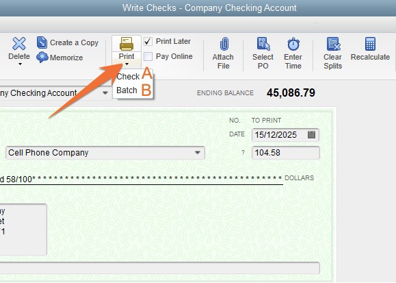 Selecting a check or batch of checks to print in QuickBoosk