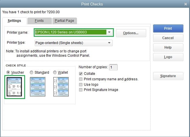 Select printer and check style