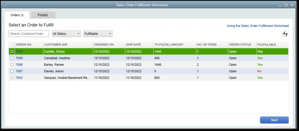 Sales Order Fulfillment Worksheet Orders