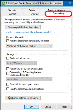 Go to the Compatibility tab