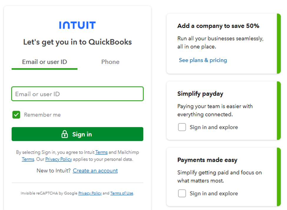QuickBooks Online pricing or signup page