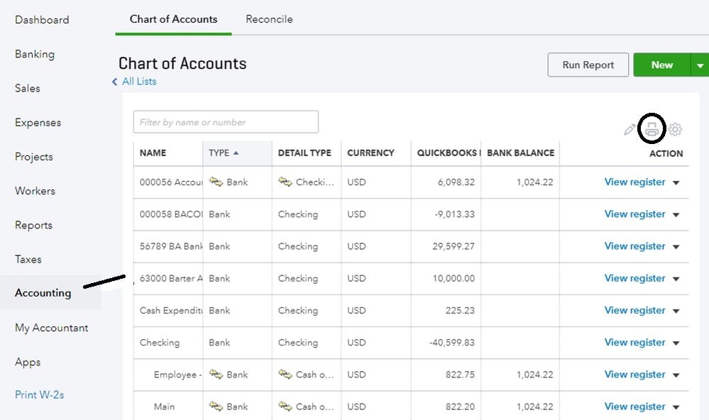 Print a Chart of Accounts in QuickBooks
