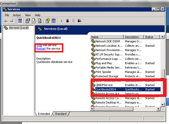 restart quickbooks database service server manager
