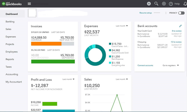 QuickBooks Online Canada Dashboard