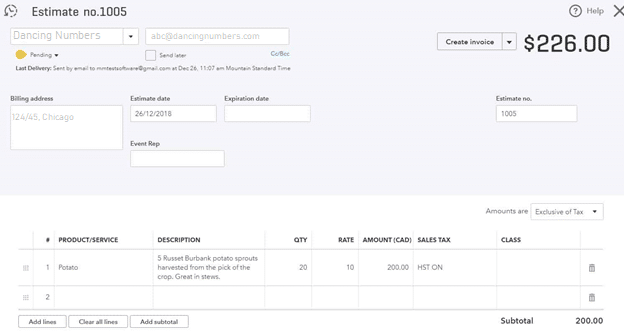 QuickBooks Online Canada Estimates