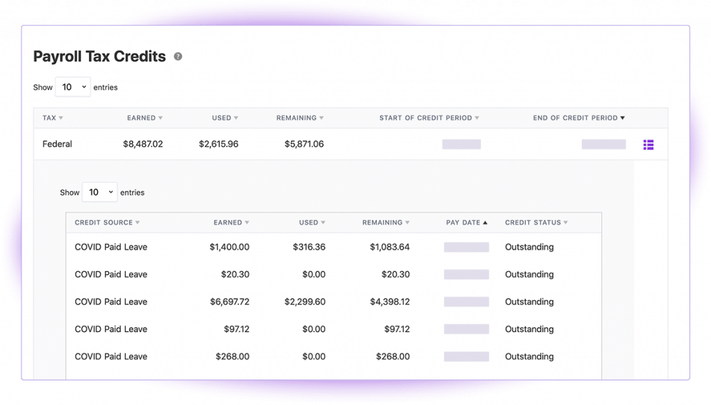 reports payroll payroll tax credits screenshots