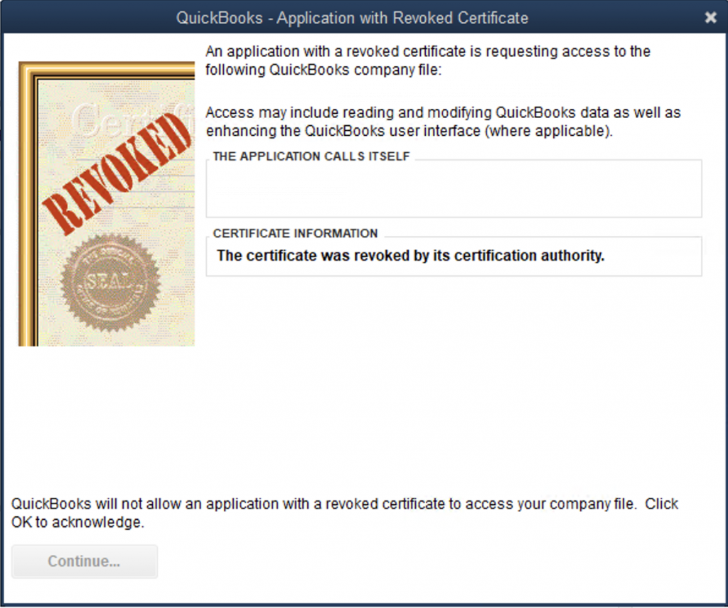 QuickBooks – Application with Revoked Certificate