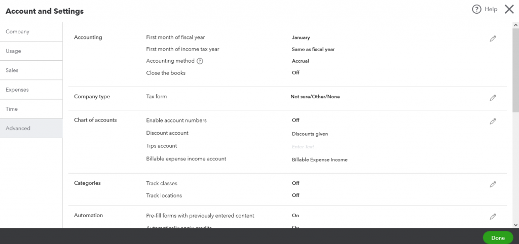Settings under the Advanced tab in QuickBooks