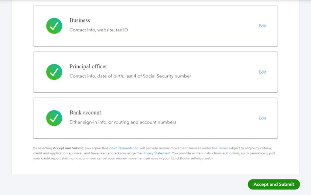 Business Principal Officer and Bank Account Information Summary on QuickBooks