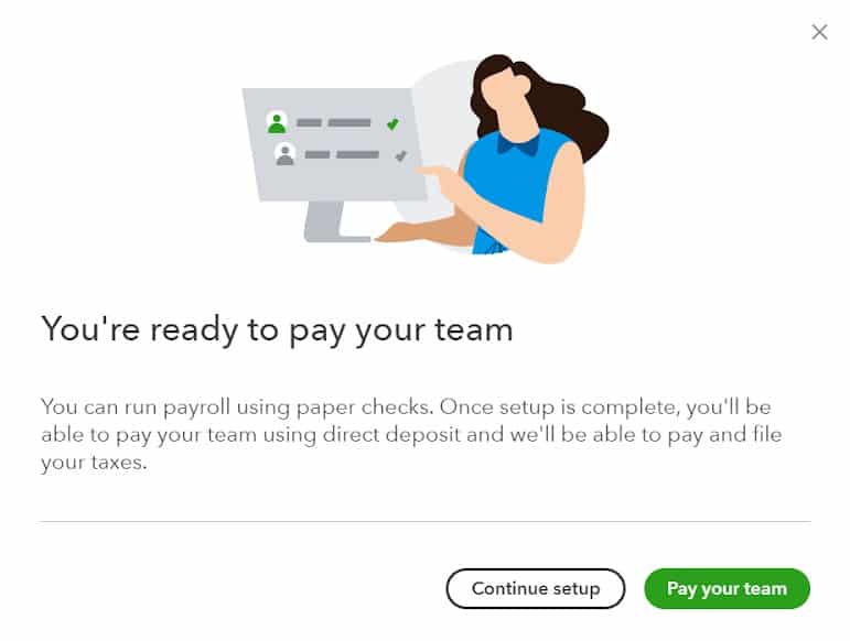 Continue Setup or Pay Team on QuickBooks