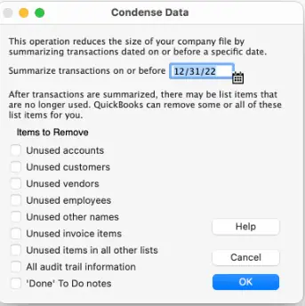 QuickBooks Mac Plus 2022 Condense Data