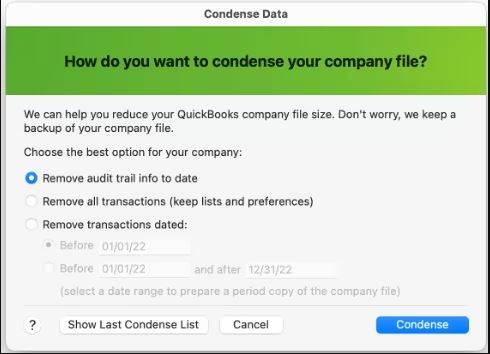 Condense QuickBooks Desktop File for QuickBooks Online & Mac Company File 3 QuickBooks Mac Plus 2023 Condense Data