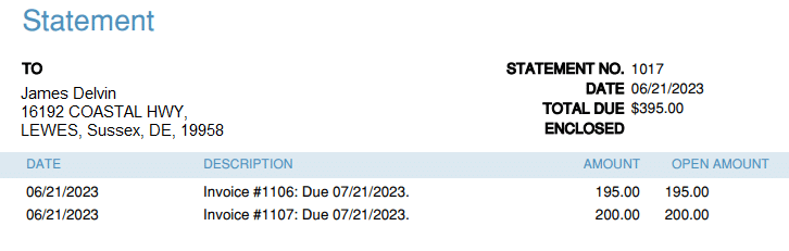 QuickBooks customer statement with a single line