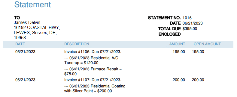 QuickBooks customer statement with all detail lines