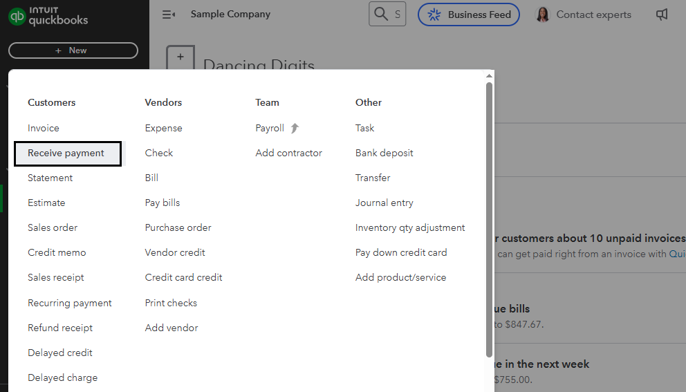 Receive Payments in QuickBooks Online