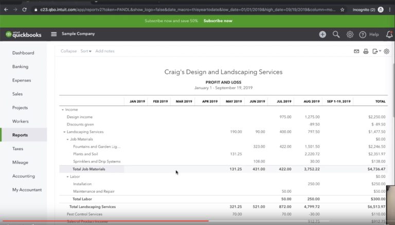 QuickBooks profit and loss statement