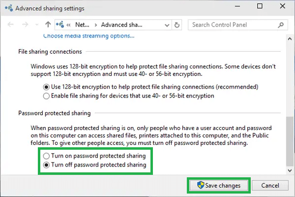 Turn off password-protected sharing
