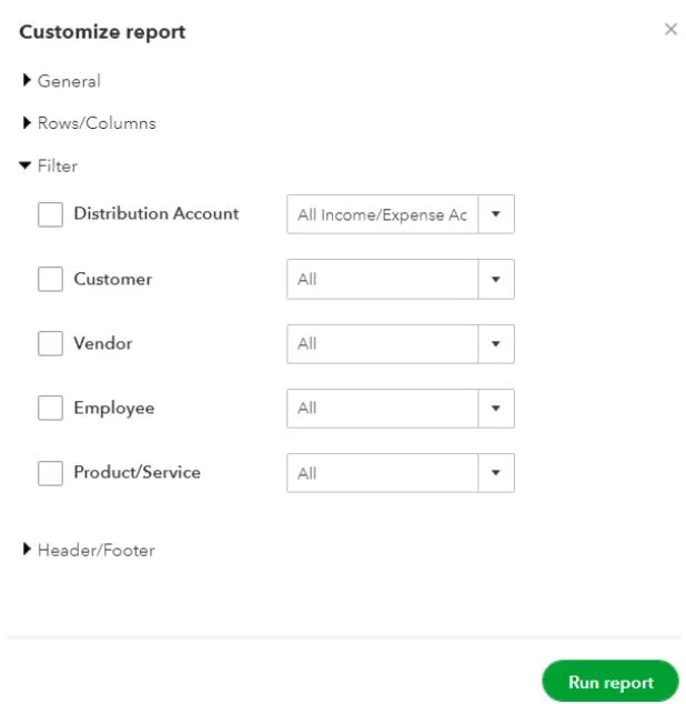 Filter Customization PL Report