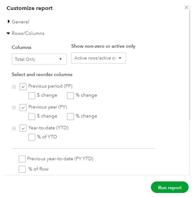 Rows/Columns Customization PL Report