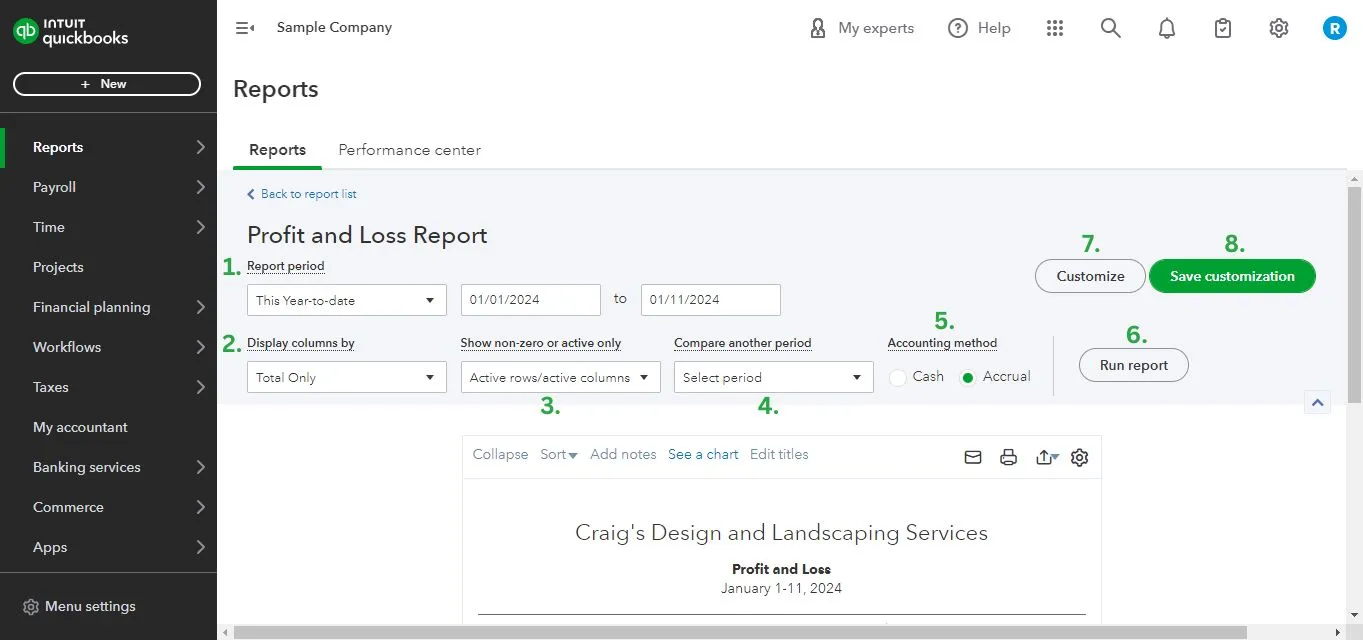 Setting up the basic options for profit and loss report