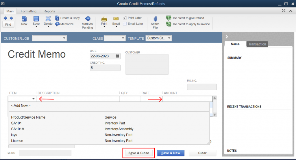 QuickBooks Credit Memo