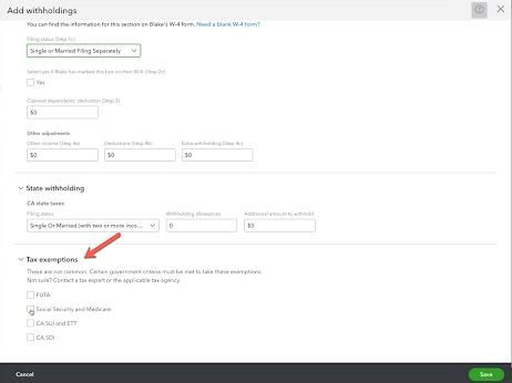 QuickBooks Online Payroll Employee Tax Setting Flexibility Change the Tax Exemptions of an employee