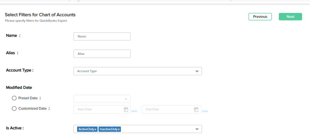 Apply filters for Chart of Accounts