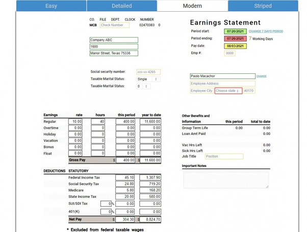 Example of a QuickBooks Pay Stub showing Earnings, Deductions, Taxes, and Net Pay.