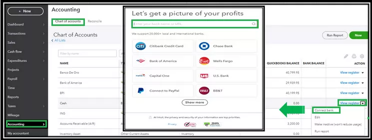 How to Add a Bank Account in QuickBooks Online and Desktop? Click on chart of accounts select the view register