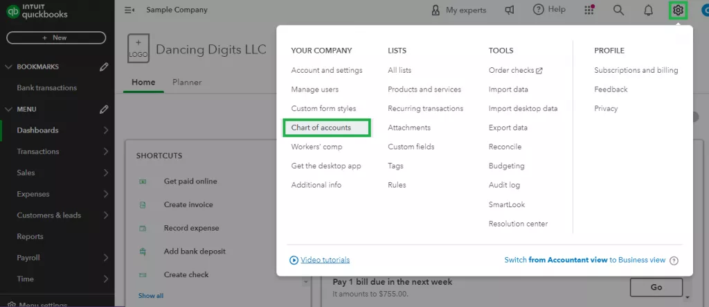 Select The Gear Icon And Click Chart Of Accounts