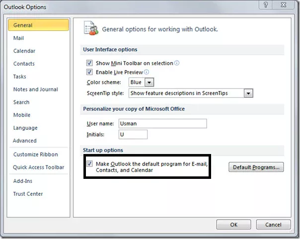 Set Outlook As Default Email Program Screenshot
